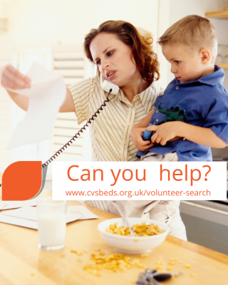 Image of stressed mother holding child, on phone and looking at mail; spilt breakfast around.