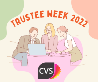 Trustee week 2022, cvs logo and cartoon of team on laptop