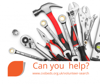 graphic of tools with volunteer Beds logo and text - Can you help? www.cvsbeds.org.uk/volunteer-search